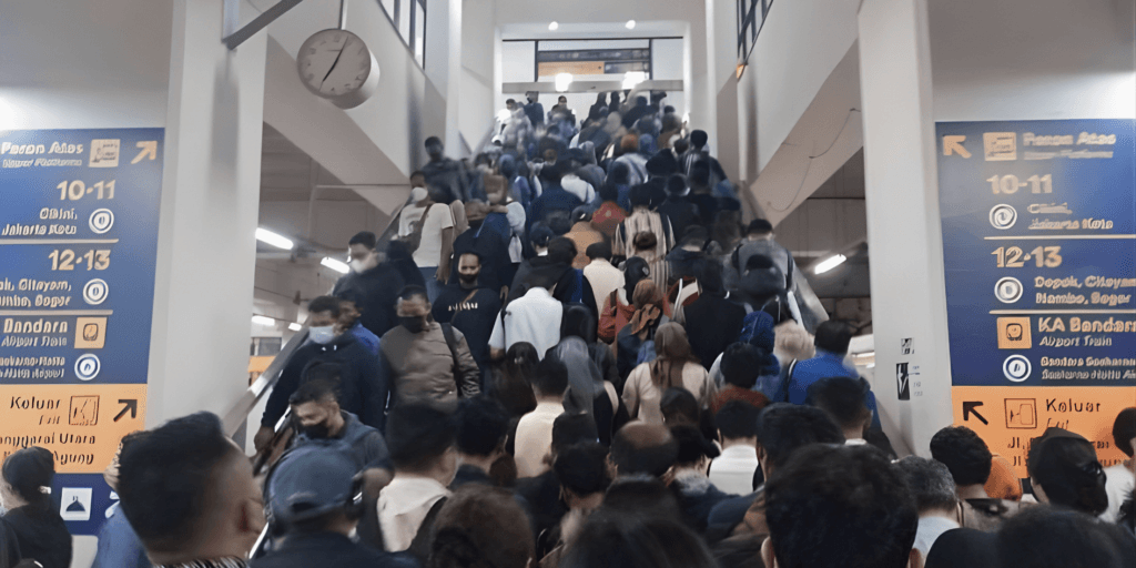 Pekerja berdesakan di stasiun KRL